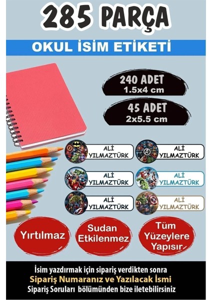 Okul Etiketi Kalem Defter Etiketi Özel Isim Yazılabilen Etiket Yenilmezler 285 Parça