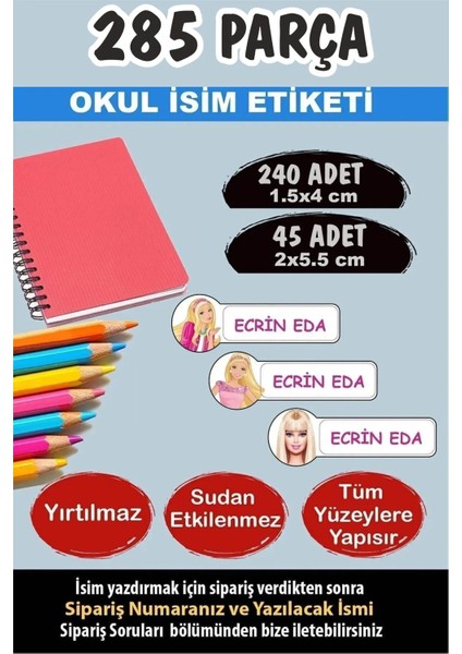 Okul Etiketi Kalem Defter Etiketi Barbi Kızlar Özel Isim Yazılabilen Etiket - 285 Adet