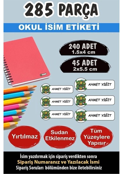 Okul Etiketi Kalem Defter Etiketi Ninja Kaplumbağa Temalı Isimli Etiket - 285 Parça