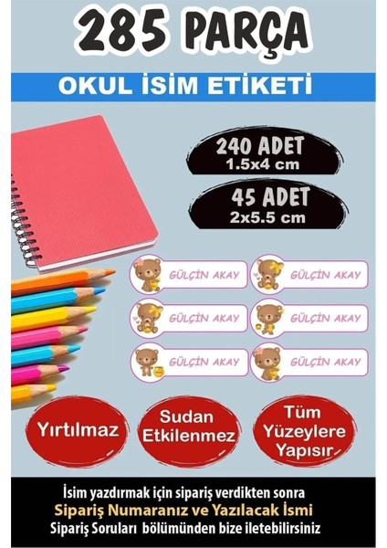 Okul Etiketi Kalem Defter Etiketi Sevimli Ayıcık Temalı Özel Isimli Etiket - 285 Adet
