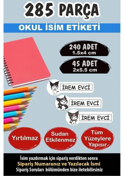 Okul Etiketi Kalem Defter Etiketi Kuromi Temalı Özel Isim Yazılabilen Etiket - 285 Adet