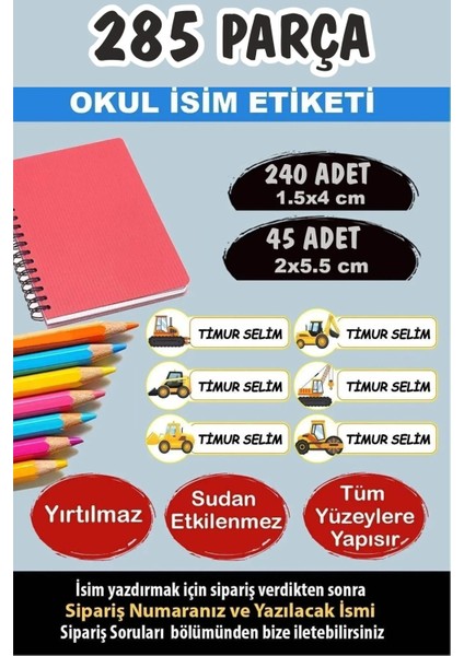 Okul Etiketi Kalem Defter Etiketi Iş Makinaları Özel Isim Yazılabilen Etiket - 285 Parça