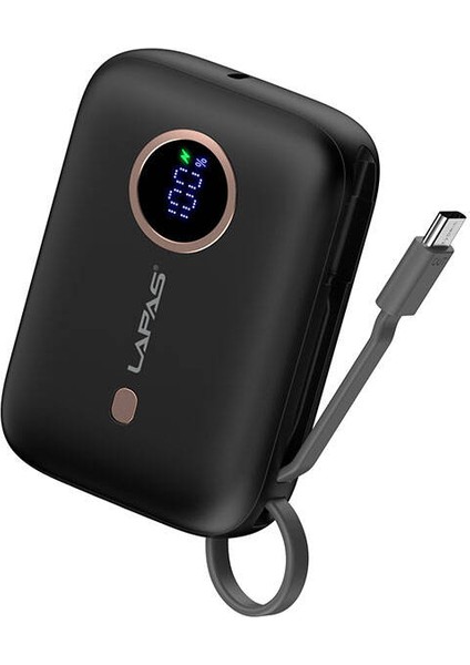 Taşınabilir Powerbank 10.000 mAh Lapas LP-PW001 Dijital LED Göstergeli Type-C Kablolu Siyah
