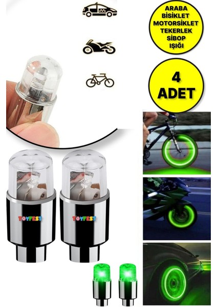 Bisiklet Tekeri Araba Lastiği Hareket Sensörlü Işıklı Sibop Kapağı Lambası Yeşil Renk - 4 Adet indirimleri