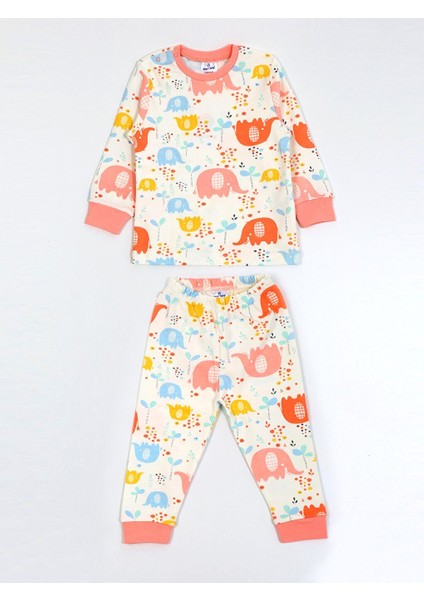 Baskılı Kız Çocuk Pijama Takımı 1-4 Yaş Ekru