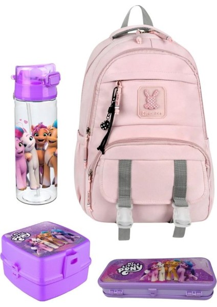 Pembe Renk Tokalı Okul Çantası ve Little Ponny Suluk 4'lü Kırtasiye Seti, Su Geçirmez Çanta