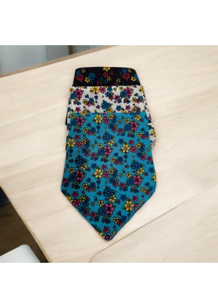 Kadın Siyah, Beyaz ve Mavi Renk Içi Çiçek Desenli %100 Koton 3'lü Bandana, Saç Aksesuarı