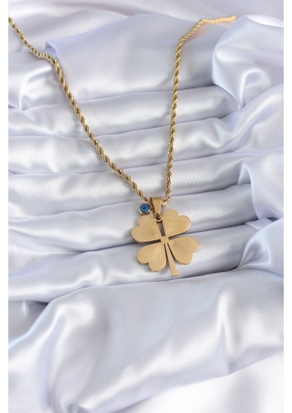 316L Çelik Gold Renk Burgu Model Işlemeli Yonca Figür Nazar Boncuk Detay Kadın Kolye fiyatları