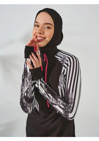 Parmak Geçmeli Yarım Fermuarlı Likralı Mayo Kumaşı Kadın Spor Tesettür Mayo 24616