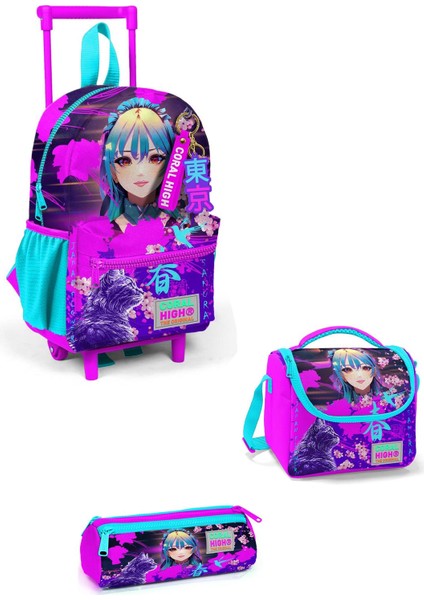 Minik Yuva Çekçekli Sırt Çantası Kids Mor Pembe Anime Kedi Desenli Iki Bölmeli 3'lü Çanta Seti 3SET24053