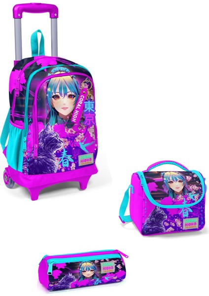Kids Mor Pembe Anime Kedi Desenli Üç Bölmeli Çekçekli Okul 3'lü Çanta Seti 3SET23953