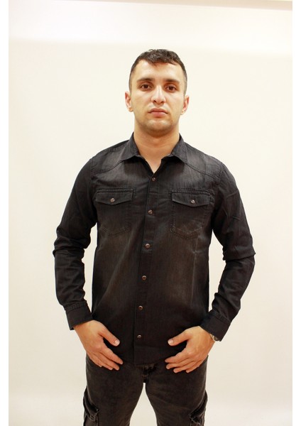 Caz 2701 Black Stone Çift Cep Çıtçıtlı Denim Erkek Kot Gömlek Füme
