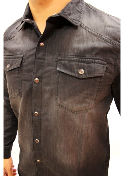 Caz 2701 Black Stone Çift Cep Çıtçıtlı Denim Erkek Kot Gömlek Füme modelleri
