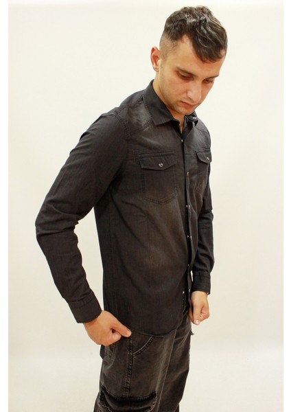Caz 2701 Black Stone Çift Cep Çıtçıtlı Denim Erkek Kot Gömlek Füme fırsatları