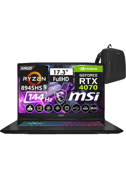 Msı Katana A17 Aı Amd Ryzen 9-8945HS 24GB Ddr5 512GB SSD 8GB/RTX4070 Freedos 17.3" 144 Hz Fhd IPS Taşınabilir Bilgisayar B8VG-862XTRW01+WEBLEGELSINÇANTA