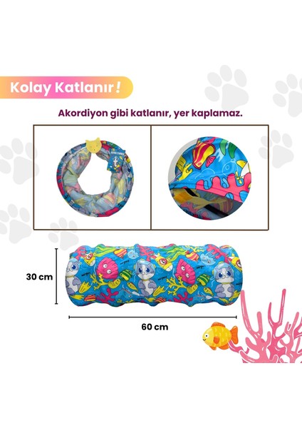 Aqua Temalı Kedi Tüneli 60 cm Oxford Kumaşlı Dayanıklı Evcil Hayvan Oyun Tüneli