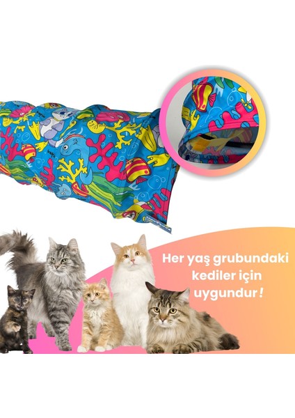 Aqua Temalı Kedi Tüneli 60 cm Oxford Kumaşlı Dayanıklı Evcil Hayvan Oyun Tüneli