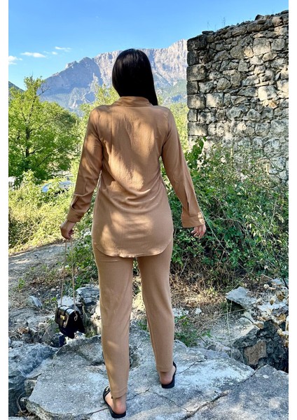 Latte Renk Cep Detaylı Gömlekli Alt Üst Takım