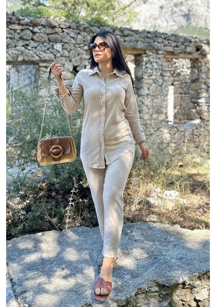 Taş Renk Cep Detaylı Gömlekli Alt Üst Takım