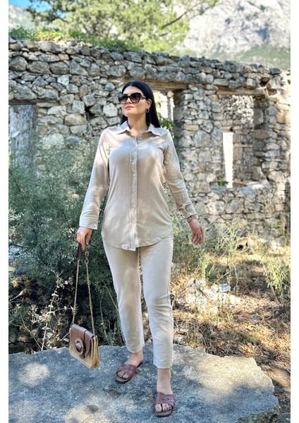 Taş Renk Cep Detaylı Gömlekli Alt Üst Takım fiyatları