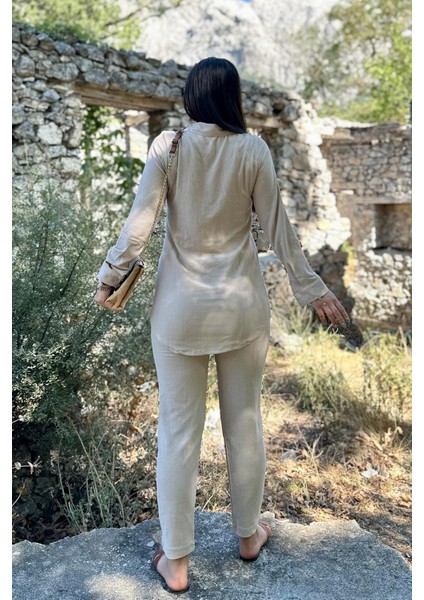 Taş Renk Cep Detaylı Gömlekli Alt Üst Takım modelleri