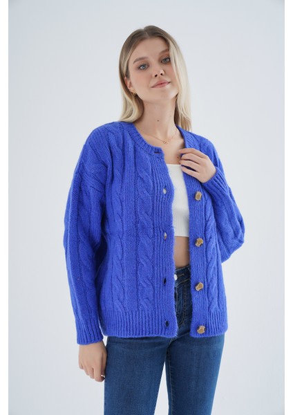 Kadın Saks Oversize Bisiklet Yaka Düğmeli Saç Örgülü Yün Karışımlı Triko Örme Hırka TRIST-6166 fiyatları