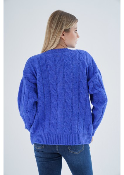 Kadın Saks Oversize Bisiklet Yaka Düğmeli Saç Örgülü Yün Karışımlı Triko Örme Hırka TRIST-6166 modelleri