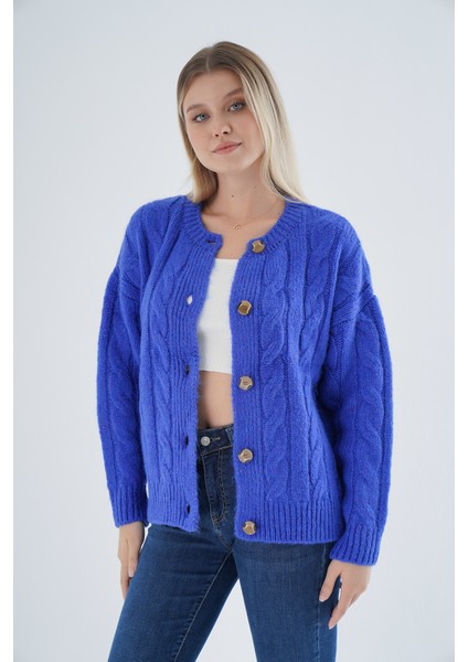 Kadın Saks Oversize Bisiklet Yaka Düğmeli Saç Örgülü Yün Karışımlı Triko Örme Hırka TRIST-6166 fırsatları