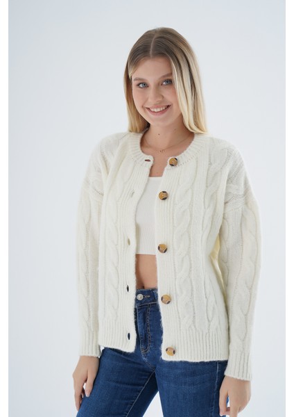 Kadın Kemik Oversize Bisiklet Yaka Düğmeli Saç Örgülü Yün Karışımlı Triko Örme Hırka TRIST-6166 fiyatları