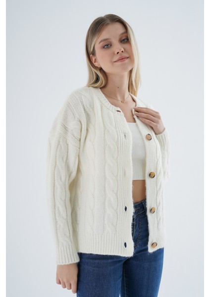 Kadın Kemik Oversize Bisiklet Yaka Düğmeli Saç Örgülü Yün Karışımlı Triko Örme Hırka TRIST-6166 modelleri