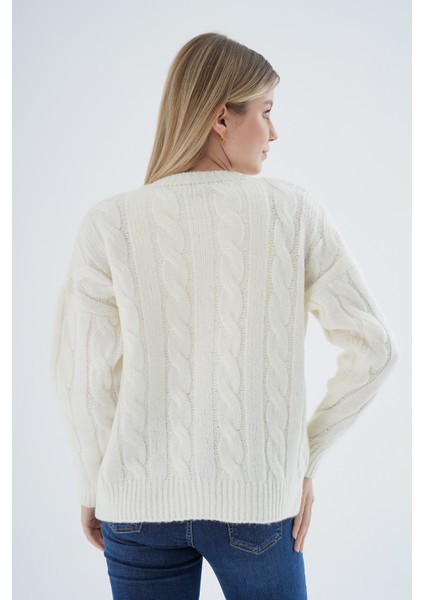 Kadın Kemik Oversize Bisiklet Yaka Düğmeli Saç Örgülü Yün Karışımlı Triko Örme Hırka TRIST-6166 fırsatları