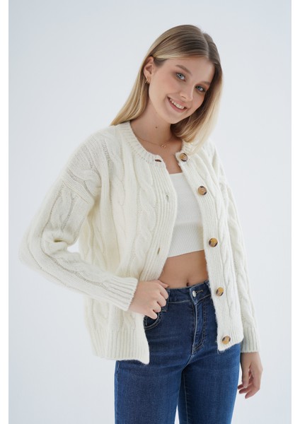 Kadın Kemik Oversize Bisiklet Yaka Düğmeli Saç Örgülü Yün Karışımlı Triko Örme Hırka TRIST-6166 indirimleri