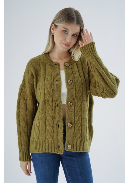 Kadın Olive Oversize Bisiklet Yaka Düğmeli Saç Örgülü Yün Karışımlı Triko Örme Hırka TRIST-6166 fiyatları