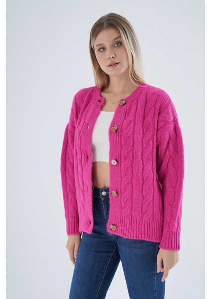 Kadın Fuşya Oversize Bisiklet Yaka Düğmeli Saç Örgülü Yün Karışımlı Triko Örme Hırka TRIST-6166 modelleri