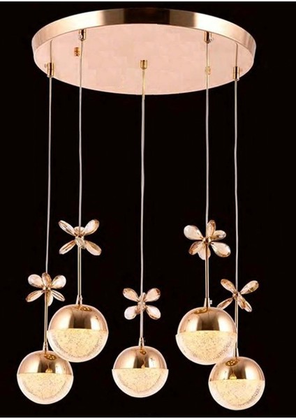 ÖZÇELİKLER Sıla Modern Gold 5'li Sarkıt Kristal Toplu Kelebekli LED Avize