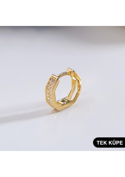 14 Ayar Taşlı Tek Altıgen Minik Halka Altın Küpe 0,76 gr