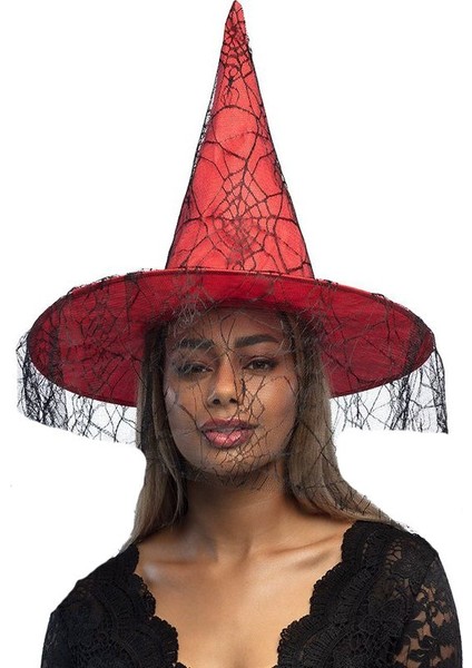 Halloween Sarkan Dantelli Cadı Şapkası Yetişkin Kırmızı Renk 1 Adet 40 cm