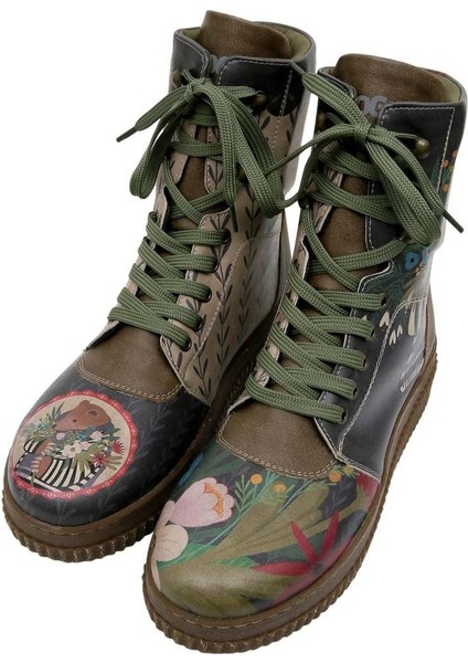 Kadın Vegan Deri Haki Uzun Bot - Bear and Flowers Tasarım