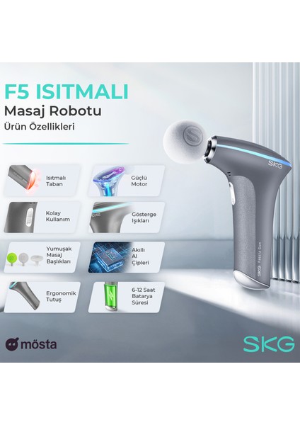 F5 Isı Fonksiyonlu Termoterapi Masaj Tabancası, Boyun Omuz Sırt Vücut Derin Doku