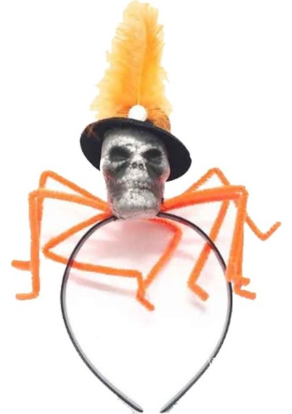 Lüx Halooween Taç Lüks Tüylü Şapkalı Kurukafa Tacı Turuncu Renk 30X13 cm