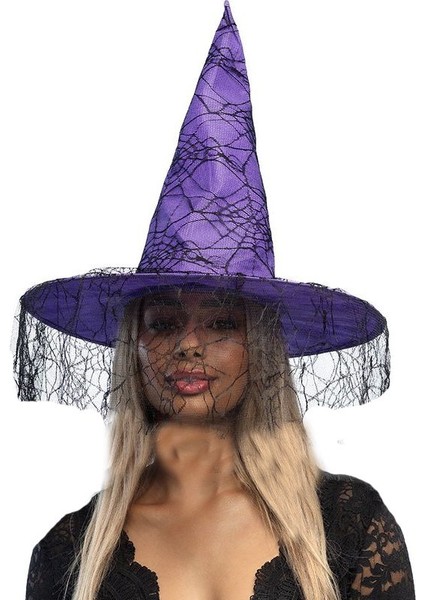 Halloween Sarkan Dantelli Cadı Şapkası Yetişkin Mor Renk 1 Adet 40 cm