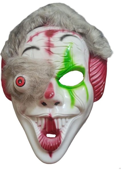 Halloween Gümüş Renk Saçlı Pörtlek Gözlü Katil Palyaço Maskesi Plastik