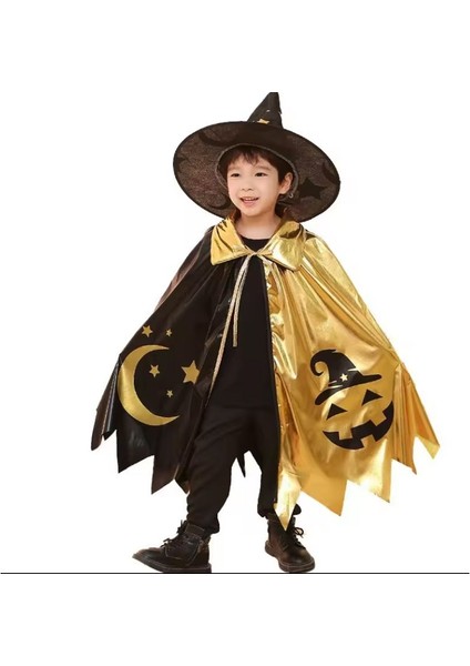 Halloween Temalı Çift Renkli Şapkalı Cadı Pelerini 75 cm