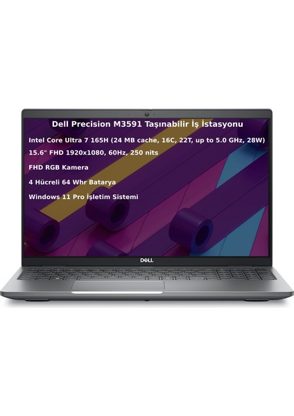 Precision M3591 Intel Core Ultra7 165 32GB 2tb SSD 15.6" Fhd Windows 11 Pro Taşınabilir Bilgisayar XCTOP3591EMEA-OS4