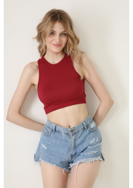 Kadın Halter Yaka Kolsuz Karyoka Dikiş Fitilli Mürdüm Crop Top Body Bluz