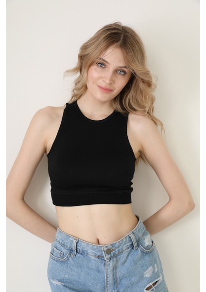 Kadın Halter Yaka Kolsuz Karyoka Dikiş Fitilli Siyah Crop Top Body Bluz fiyatları