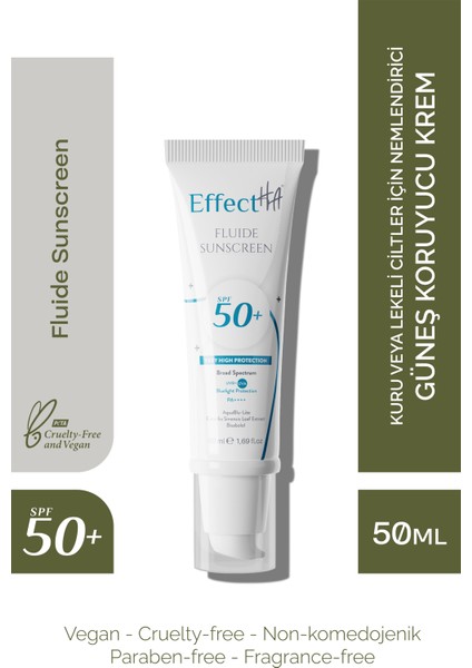 Fluide Sunscreen Kuru veya Lekeli Ciltler İçin Nemlendirici Güneş Koruyucu Krem SPF50+ 50ml