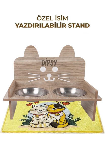 Ahşap Özel Isim Baskılı, Kedili Kedi Mama Su Kabı Standı