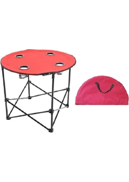 Ķırmızı 5li Kamp Seti 4 Adet Standart Kılıflı Sandalye ve 1 Adet 70CM Çapında Katlanır Ķılıflı Masa