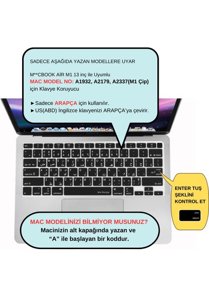 Mcstorey Arapça Klavye Koruyucu Macbook Air M1 13 Inç (Touchıd'li Air) A2337 A2179 Us Enter ile Uyumlu